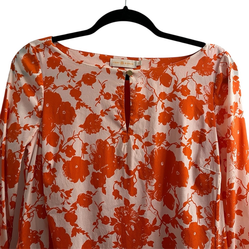 Tory Burch Silk Orange Floral Key Hole Long Sleeve Shift Dress - Picture 3 of 10
